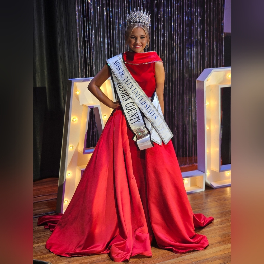 Red Velvet Jovani Couture ballgown with overskirt